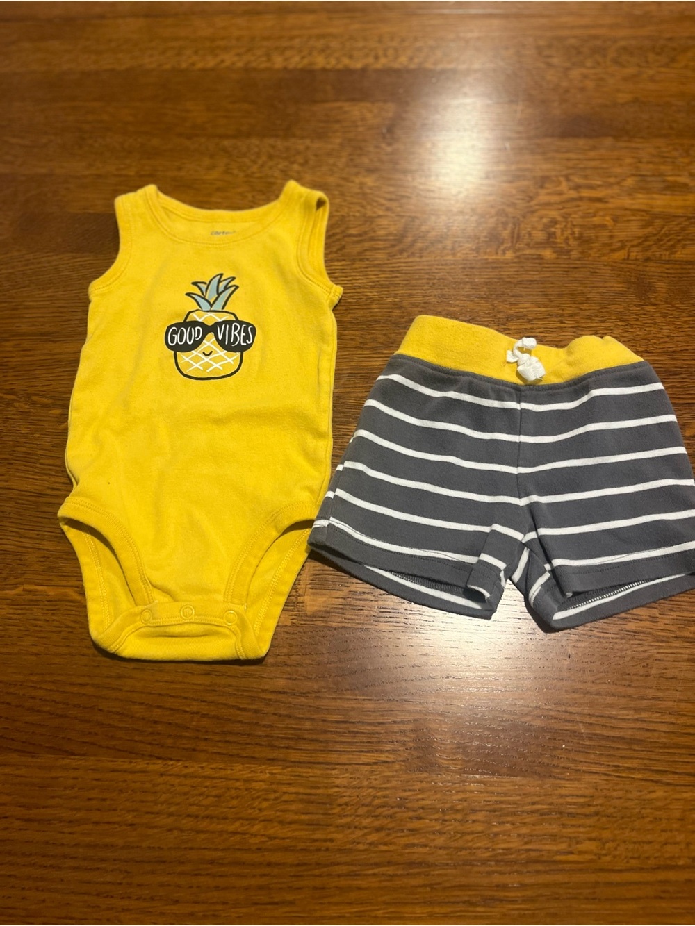 Carter's Yellow Pineapple Tank Bodysuit with Gray & White Stripe Shorts